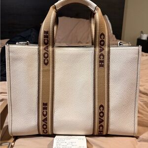 Coach Cream Leather Tote with Tan Branded Webbing